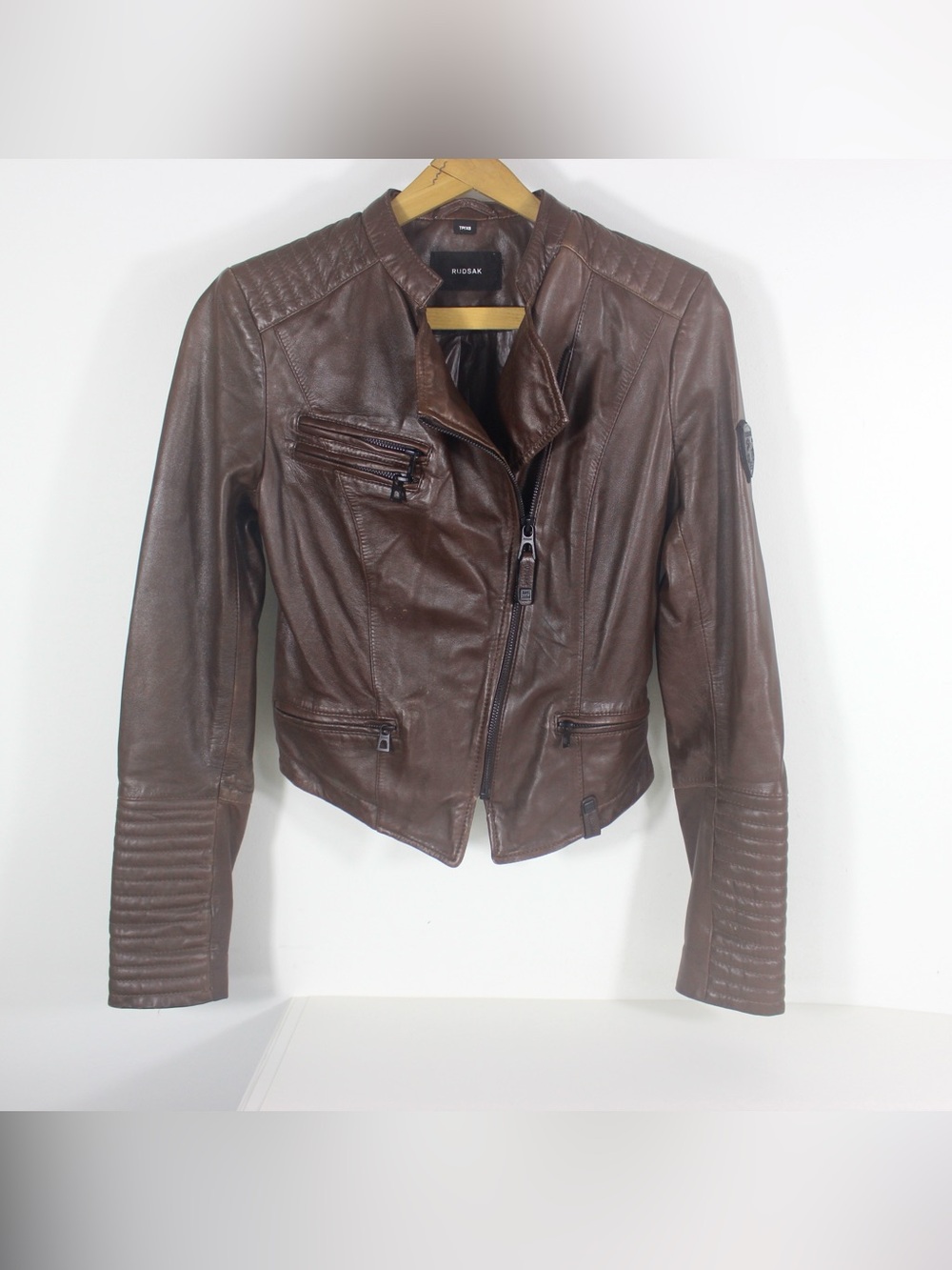 90’s Vintage Brown Leather Jacket, Light Winter Coat, Size Extra Small XS Moto